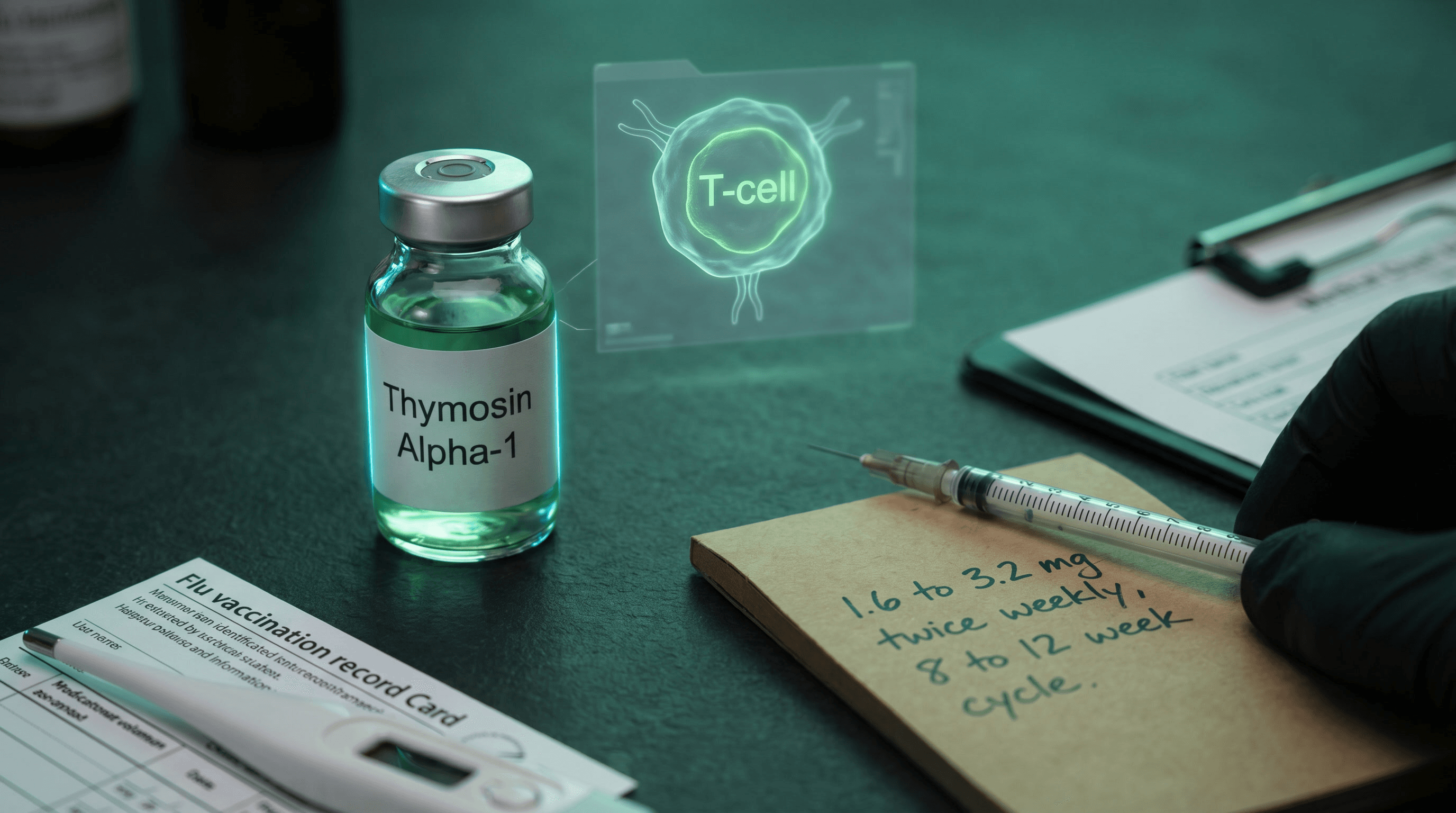Thymosin alpha-1 vial with insulin syringe, vaccination card, and a faint holographic T-cell overlay on a dark clinical surface, representing immune-modulating peptide therapy