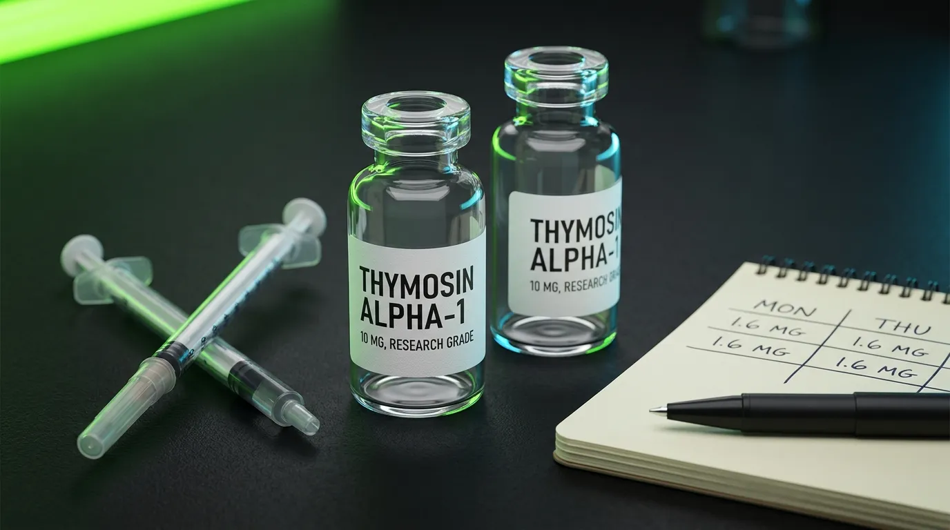 Thymosin alpha-1 dosage vials with research protocol chart on dark laboratory surface