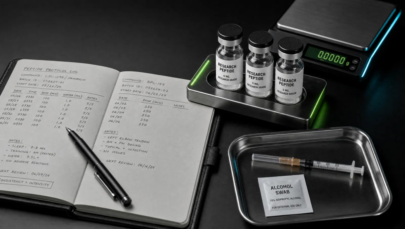 Notebook and vials on a dark workbench illustrating peptide protocol lessons learned over time